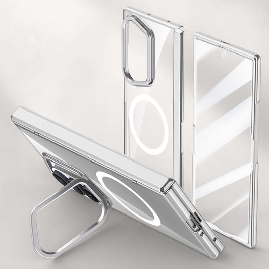For Samsung Galaxy Z Fold7 5G Magnetic Case PC + Acrylic Phone Cover with HD Tempered Glass Film, Lens Kickstand - Silver