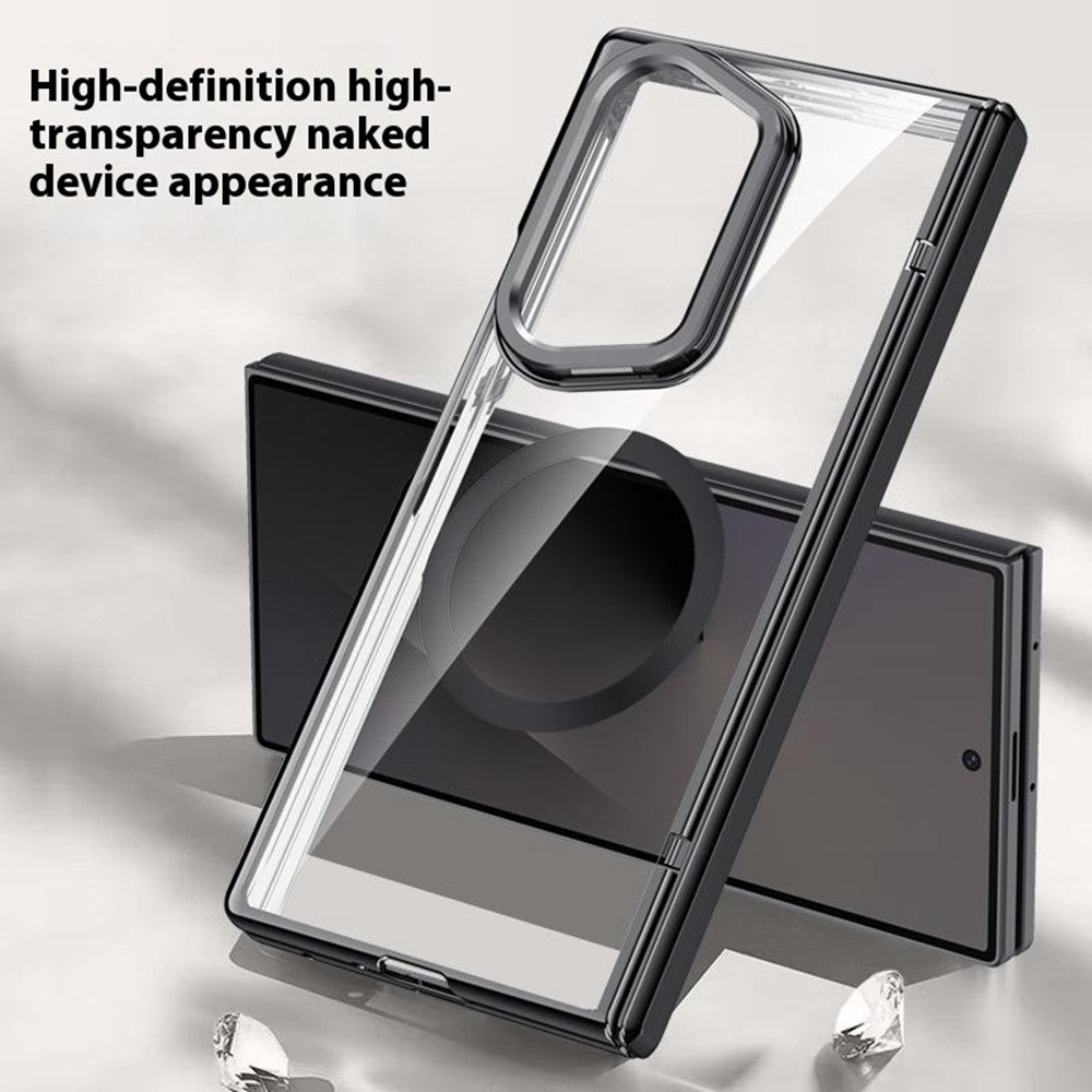 For Samsung Galaxy Z Fold7 5G Magnetic Case PC + Acrylic Phone Cover with HD Tempered Glass Film, Lens Kickstand - Silver