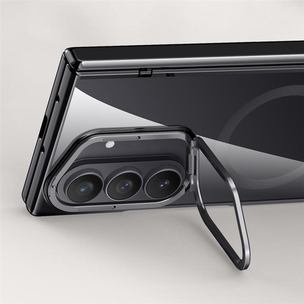 For Samsung Galaxy Z Fold7 5G Magnetic Case PC + Acrylic Phone Cover with HD Tempered Glass Film, Lens Kickstand - Silver