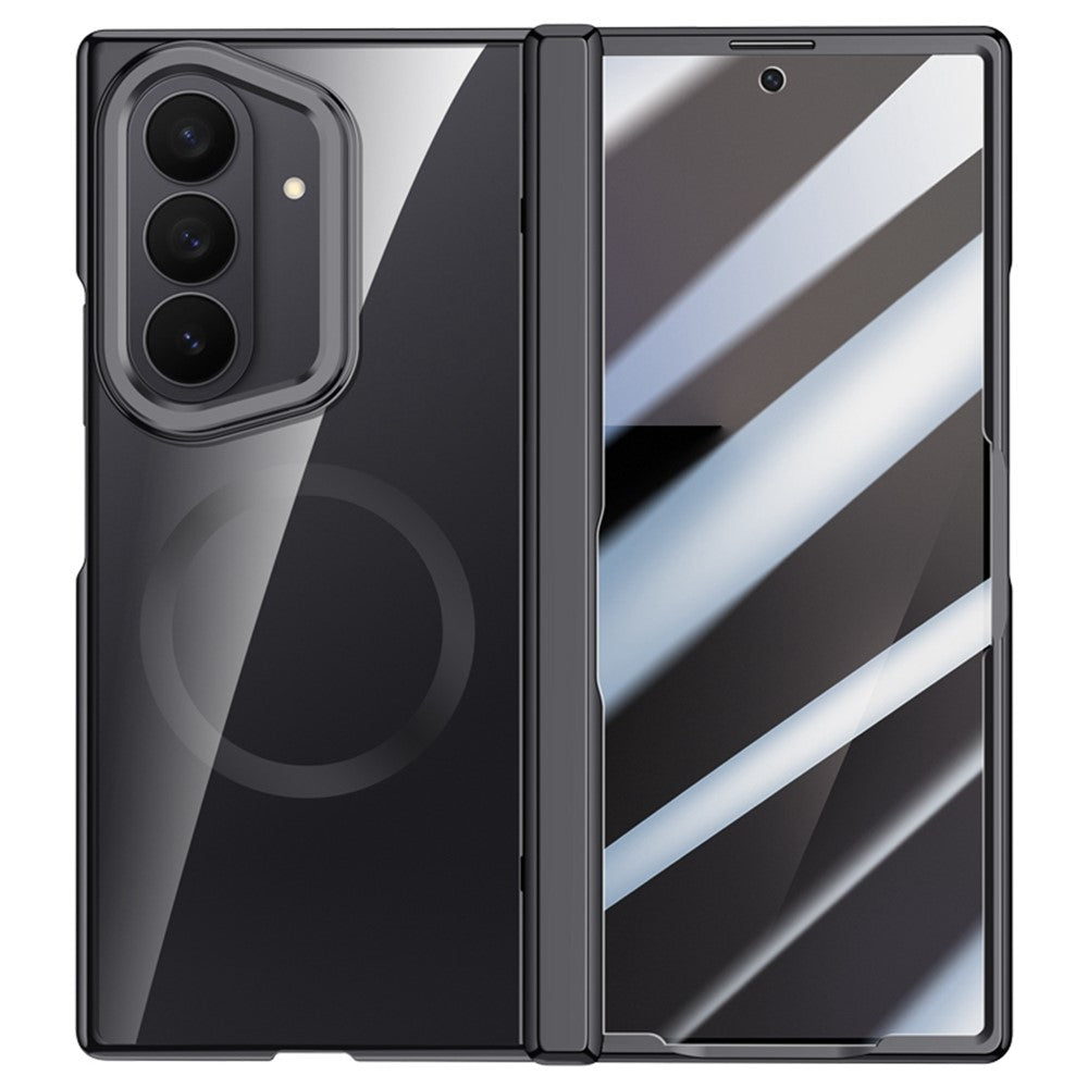 For Samsung Galaxy Z Fold7 5G Magnetic Case PC + Acrylic Phone Cover with Anti-Spy Screen Protector, Lens Kickstand - Black