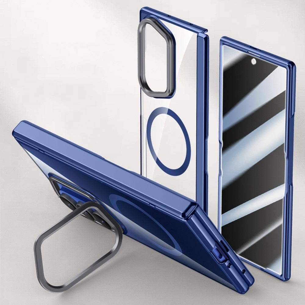 For Samsung Galaxy Z Fold7 5G Magnetic Case PC + Acrylic Phone Cover with Anti-Spy Screen Protector, Lens Kickstand - Blue