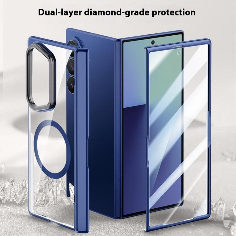 For Samsung Galaxy Z Fold7 5G Magnetic Case PC + Acrylic Phone Cover with Anti-Spy Screen Protector, Lens Kickstand - Blue