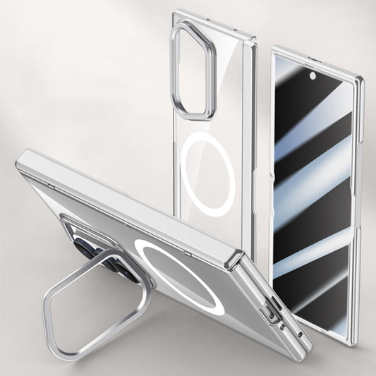 For Samsung Galaxy Z Fold7 5G Magnetic Case PC + Acrylic Phone Cover with Anti-Spy Screen Protector, Lens Kickstand - Silver
