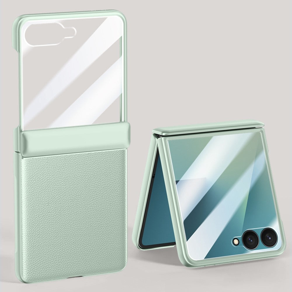 For Samsung Galaxy Z Flip7 5G Case Leather + PC Phone Cover HD Rear Small Screen Protector - Green