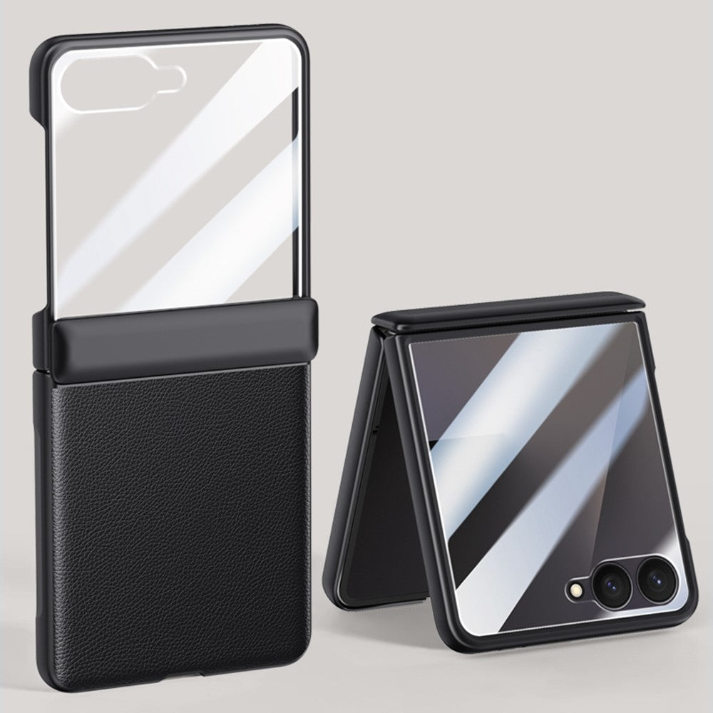 For Samsung Galaxy Z Flip7 5G Case Leather + PC Phone Cover HD Rear Small Screen Protector - Black