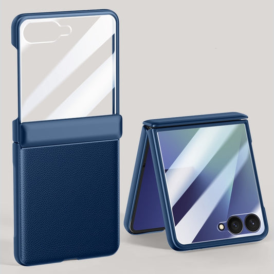 For Samsung Galaxy Z Flip7 5G Case Leather + PC Phone Cover HD Rear Small Screen Protector - Blue
