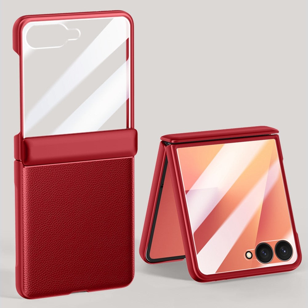 For Samsung Galaxy Z Flip7 5G Case Leather + PC Phone Cover HD Rear Small Screen Protector - Red