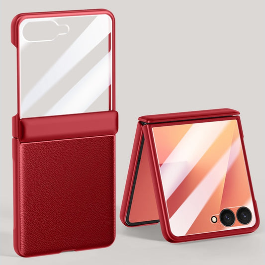 For Samsung Galaxy Z Flip7 5G Case Leather + PC Phone Cover HD Rear Small Screen Protector - Red