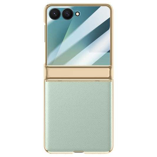 For Samsung Galaxy Z Flip7 5G Case Hinge Protection Leather + PC Electroplated Phone Cover with HD Rear Small Screen Protector - Green
