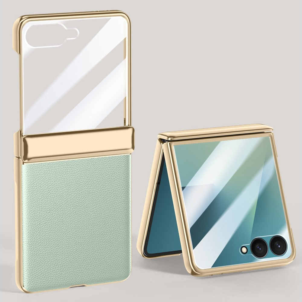 For Samsung Galaxy Z Flip7 5G Case Hinge Protection Leather + PC Electroplated Phone Cover with HD Rear Small Screen Protector - Green