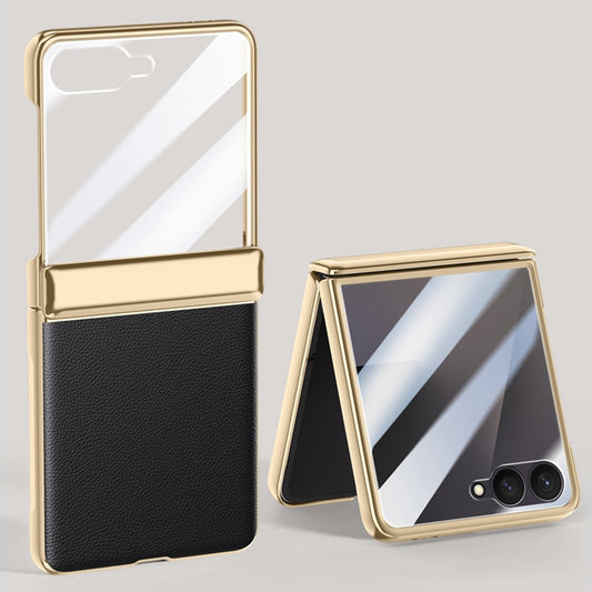 For Samsung Galaxy Z Flip7 5G Case Hinge Protection Leather + PC Electroplated Phone Cover with HD Rear Small Screen Protector - Black