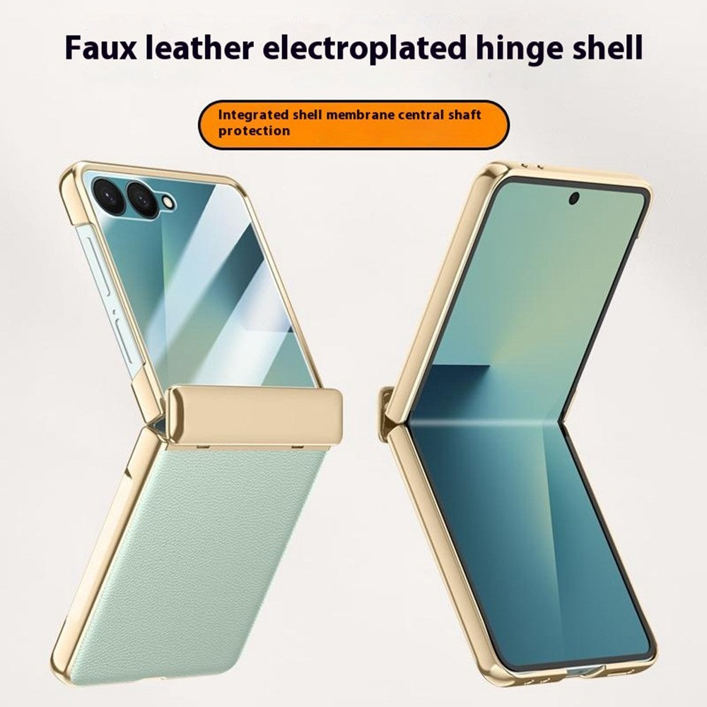 For Samsung Galaxy Z Flip7 5G Case Hinge Protection Leather + PC Electroplated Phone Cover with HD Rear Small Screen Protector - Black