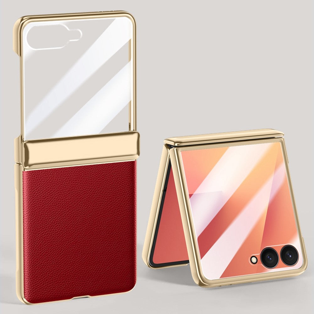 For Samsung Galaxy Z Flip7 5G Case Hinge Protection Leather + PC Electroplated Phone Cover with HD Rear Small Screen Protector - Red