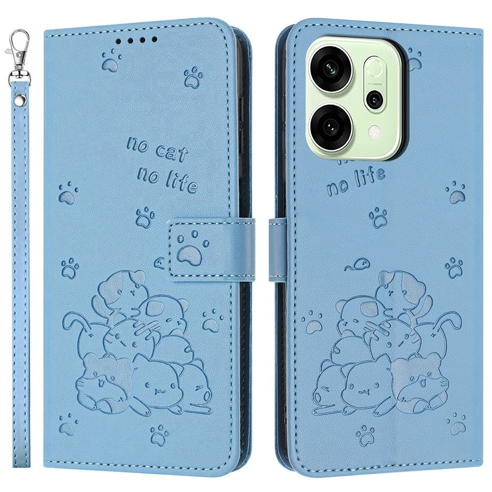 For Oppo Reno14 Pro 5G (Global) Wallet Case Cats Imprint Leather Phone Cover with Strap - Blue