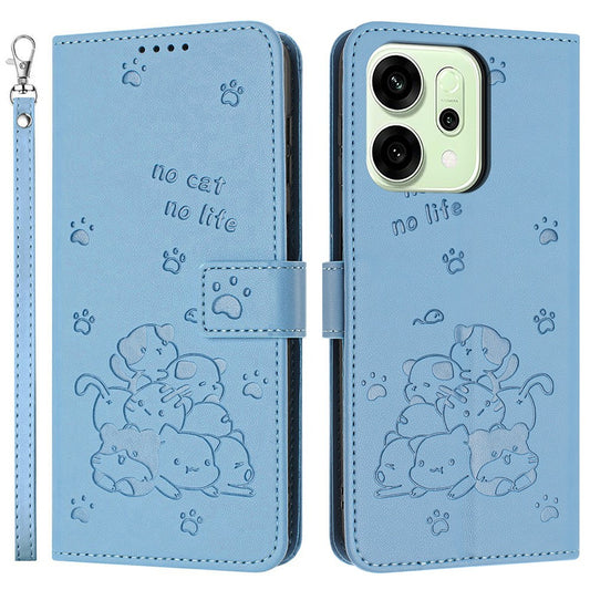 For Oppo Reno14 Pro 5G (Global) Wallet Case Cats Imprint Leather Phone Cover with Strap - Blue