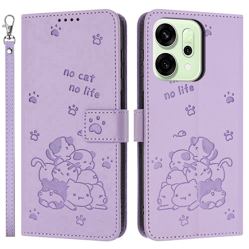 For Oppo Reno14 Pro 5G (Global) Wallet Case Cats Imprint Leather Phone Cover with Strap - Purple