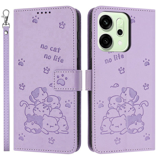 For Oppo Reno14 Pro 5G (Global) Wallet Case Cats Imprint Leather Phone Cover with Strap - Purple