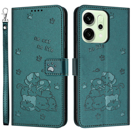 For Oppo Reno14 Pro 5G (Global) Wallet Case Cats Imprint Leather Phone Cover with Strap - Dark Green