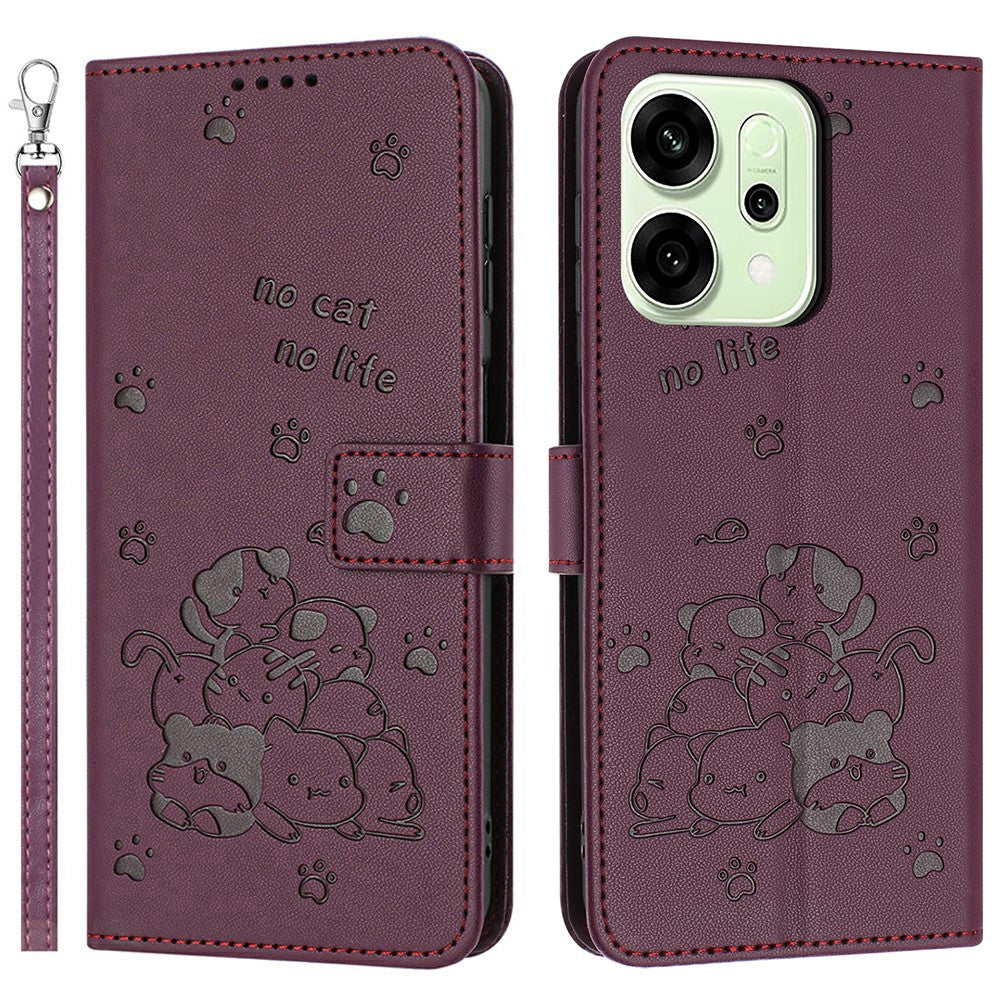 For Oppo Reno14 Pro 5G (Global) Wallet Case Cats Imprint Leather Phone Cover with Strap - Wine Red