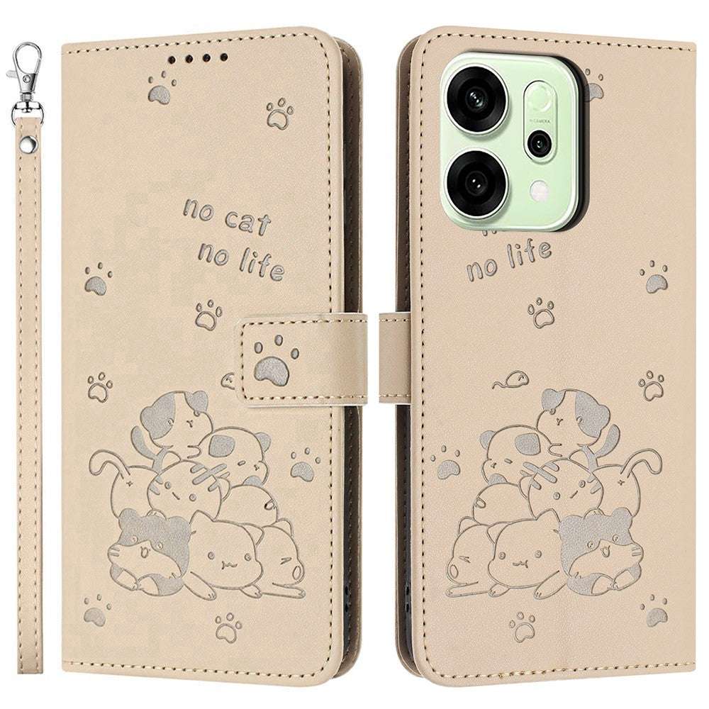For Oppo Reno14 Pro 5G (Global) Wallet Case Cats Imprint Leather Phone Cover with Strap - Beige