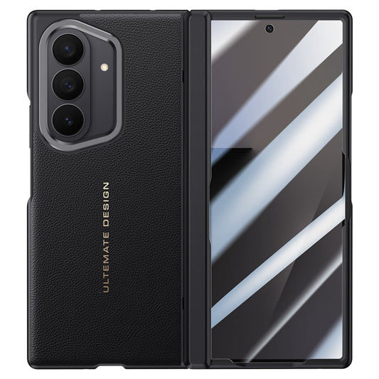 For Samsung Galaxy Z Fold7 5G Case Leather + PC Phone Cover with HD Tempered Glass Film, Lens Kickstand - Black
