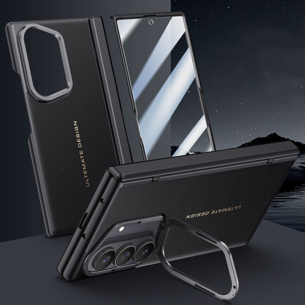 For Samsung Galaxy Z Fold7 5G Case Leather + PC Phone Cover with HD Tempered Glass Film, Lens Kickstand - Black