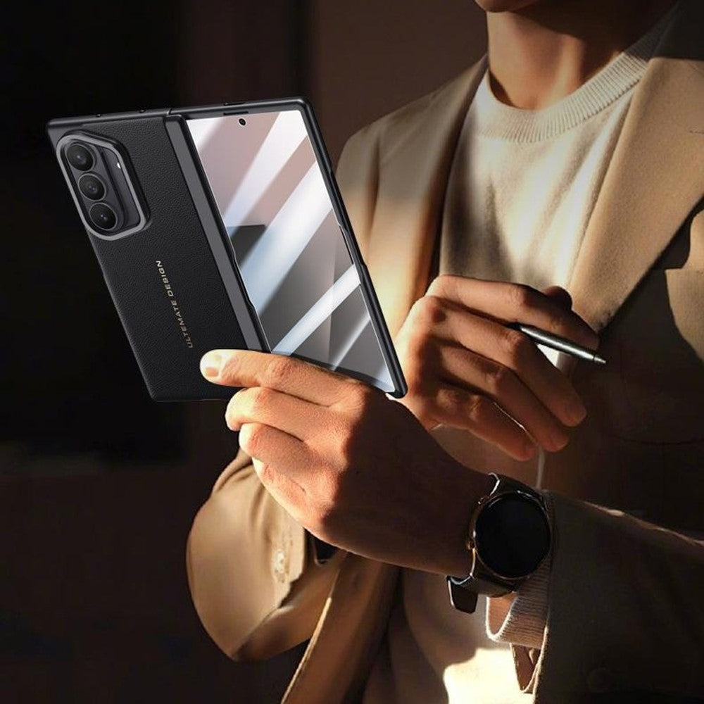 For Samsung Galaxy Z Fold7 5G Case Leather + PC Phone Cover with HD Tempered Glass Film, Lens Kickstand - White