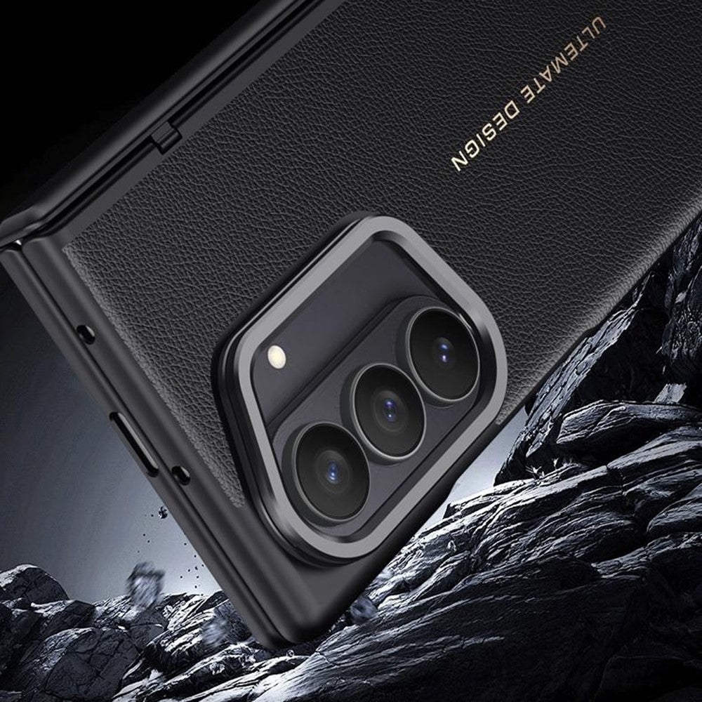 For Samsung Galaxy Z Fold7 5G Case Leather + PC Phone Cover with HD Tempered Glass Film, Lens Kickstand - White