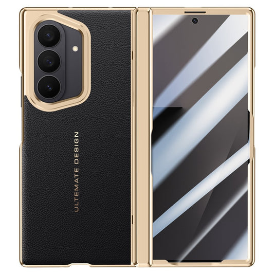 For Samsung Galaxy Z Fold7 5G Case Leather + PC Electroplated Phone Cover with HD Tempered Glass Film, Lens Kickstand - Black
