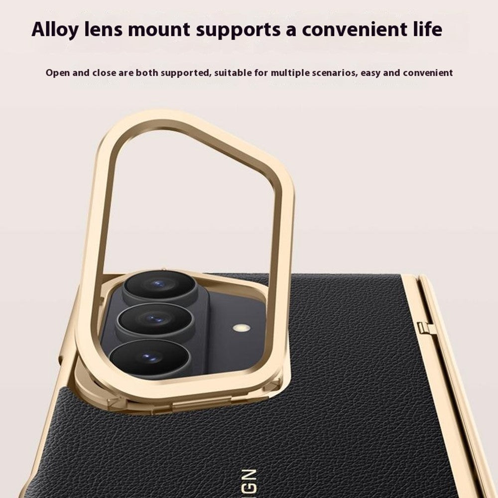 For Samsung Galaxy Z Fold7 5G Case Leather + PC Electroplated Phone Cover with HD Tempered Glass Film, Lens Kickstand - Black