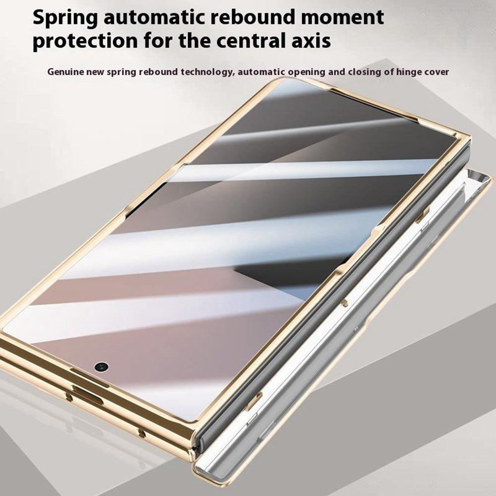 For Samsung Galaxy Z Fold7 5G Case Leather + PC Electroplated Phone Cover with HD Tempered Glass Film, Lens Kickstand - Silver