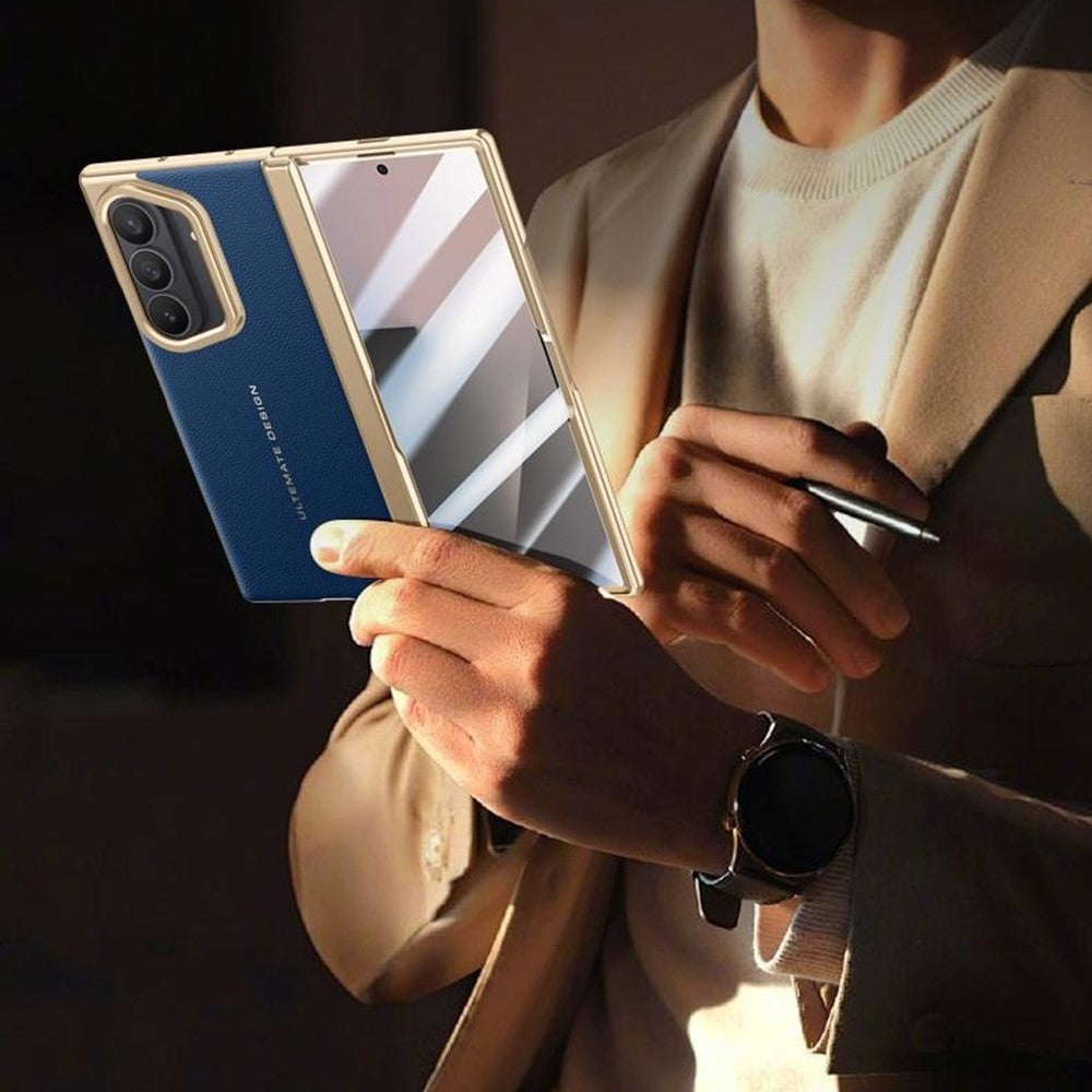 For Samsung Galaxy Z Fold7 5G Case Leather + PC Electroplated Phone Cover with HD Tempered Glass Film, Lens Kickstand - Silver