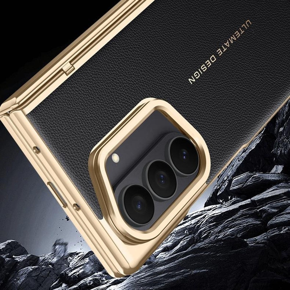 For Samsung Galaxy Z Fold7 5G Case Leather + PC Electroplated Phone Cover with HD Tempered Glass Film, Lens Kickstand - Silver