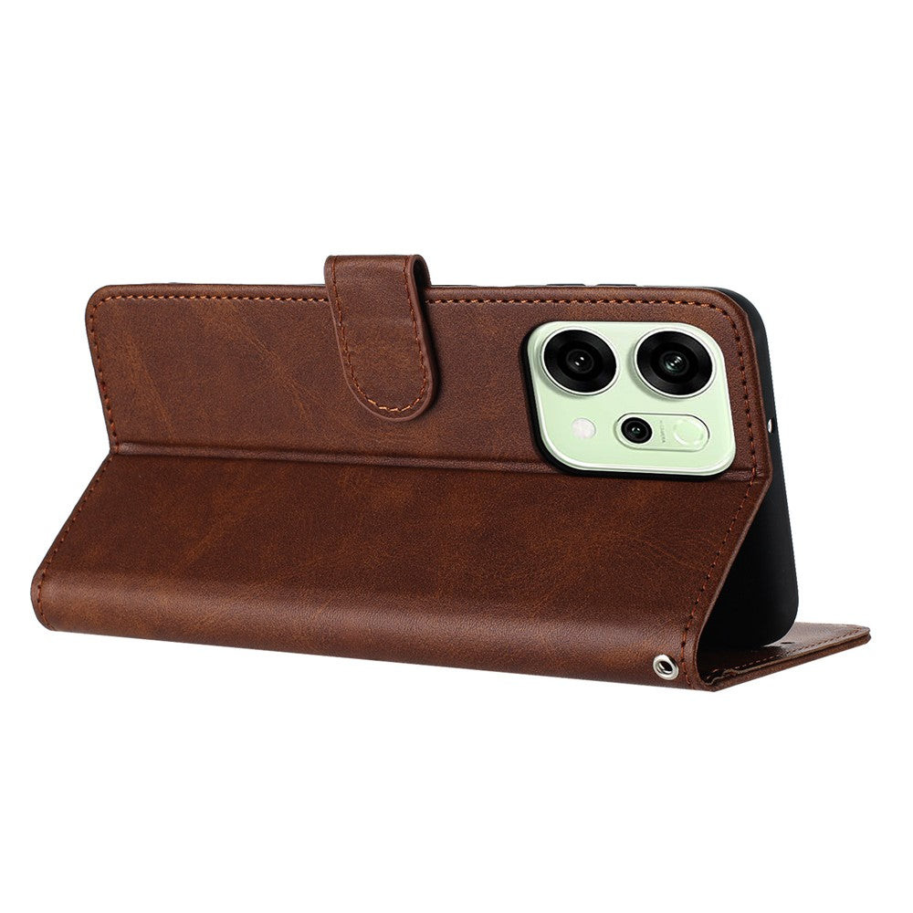 For Oppo Reno14 Pro 5G (Global) Case Flip Stand Calf Texture PU Leather Wallet Phone Cover with Strap - Brown