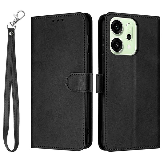 For Oppo Reno14 Pro 5G (Global) Case Flip Stand Calf Texture PU Leather Wallet Phone Cover with Strap - Black