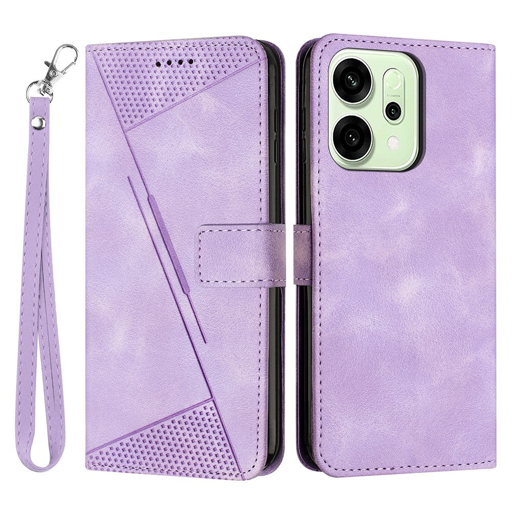 For Oppo Reno14 Pro 5G (Global) Leather Case Imprinted Triangle Phone Cover with Hand Strap - Purple