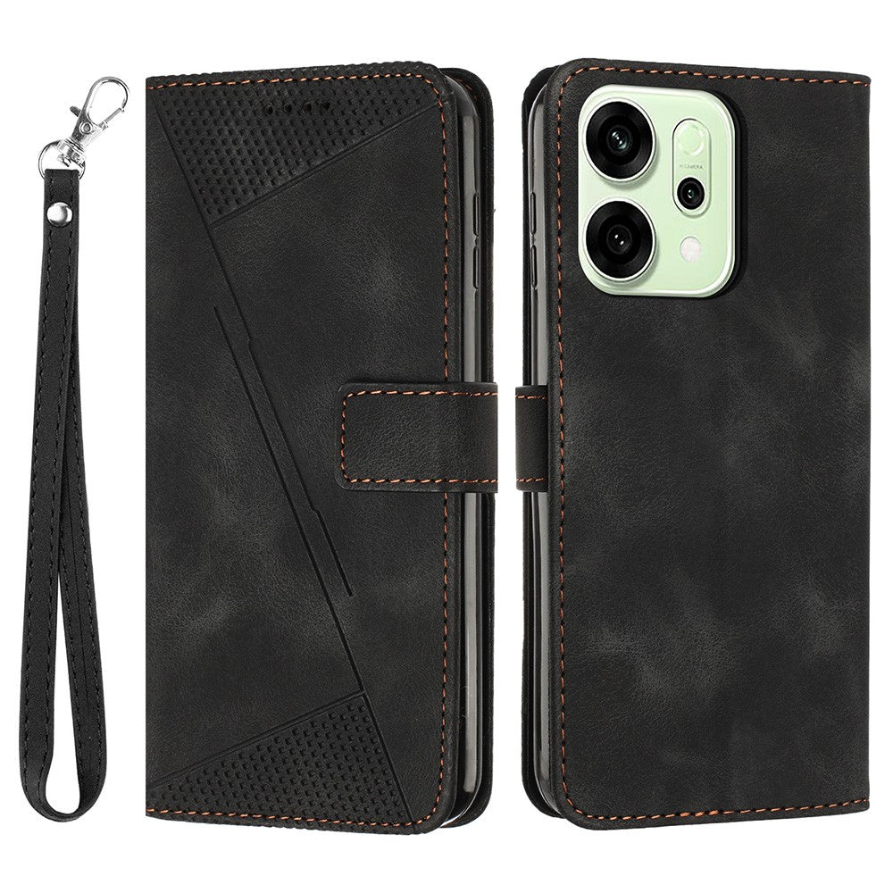 For Oppo Reno14 Pro 5G (Global) Leather Case Imprinted Triangle Phone Cover with Hand Strap - Black