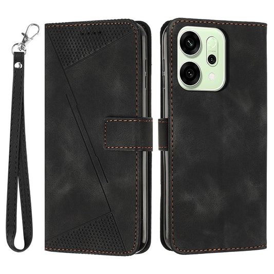 For Oppo Reno14 Pro 5G (Global) Leather Case Imprinted Triangle Phone Cover with Hand Strap - Black
