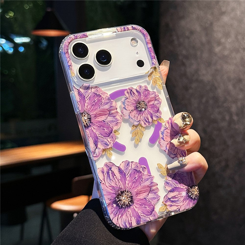 For iPhone 17 Pro Max Case Compatible with MagSafe Laser Flower PC + TPU Clear Phone Cover - Violet