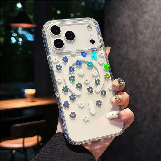 For iPhone 17 Pro Max Case Compatible with MagSafe Laser Flower PC + TPU Clear Phone Cover - Cream Flowers
