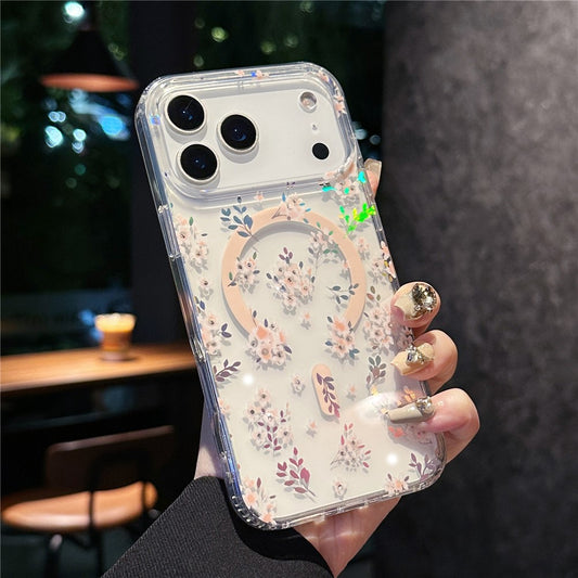 For iPhone 17 Pro Max Case Compatible with MagSafe Laser Flower PC + TPU Clear Phone Cover - Geranium