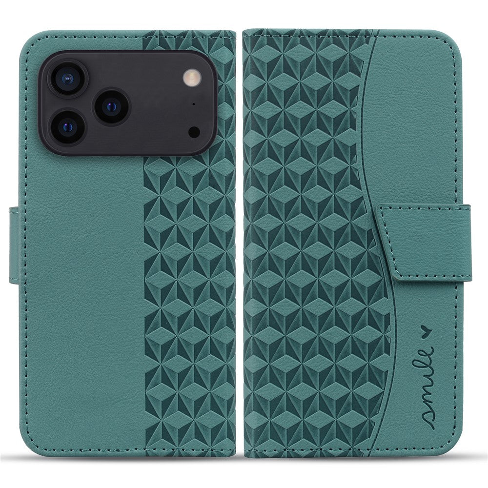 For iPhone 17 Pro Max Case Rhombus Pattern Leather Wallet Phone Cover with Wrist Strap - Green