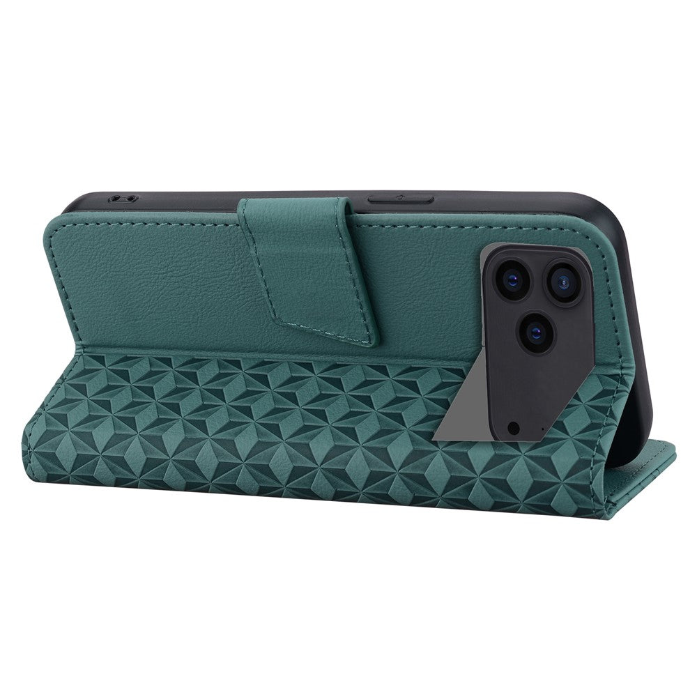 For iPhone 17 Pro Max Case Rhombus Pattern Leather Wallet Phone Cover with Wrist Strap - Green