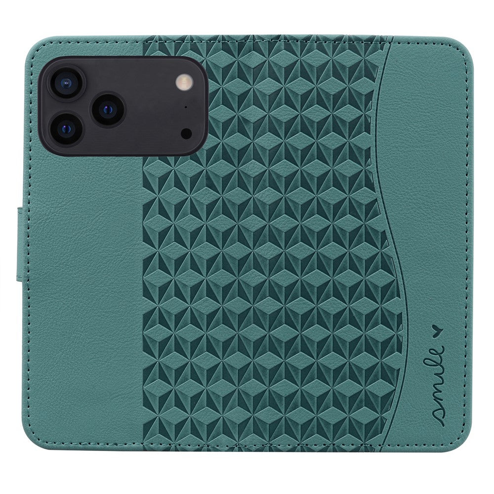For iPhone 17 Pro Max Case Rhombus Pattern Leather Wallet Phone Cover with Wrist Strap - Green