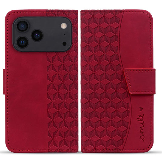 For iPhone 17 Pro Max Case Rhombus Pattern Leather Wallet Phone Cover with Wrist Strap - Red