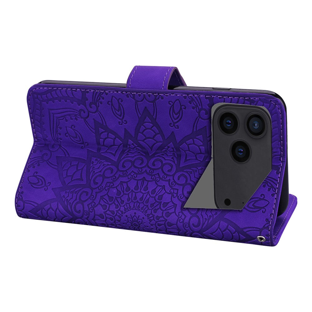 For iPhone 17 Pro Max Case Flower Imprinted PU Leather Wallet Flip Phone Cover with Wrist Strap - Purple