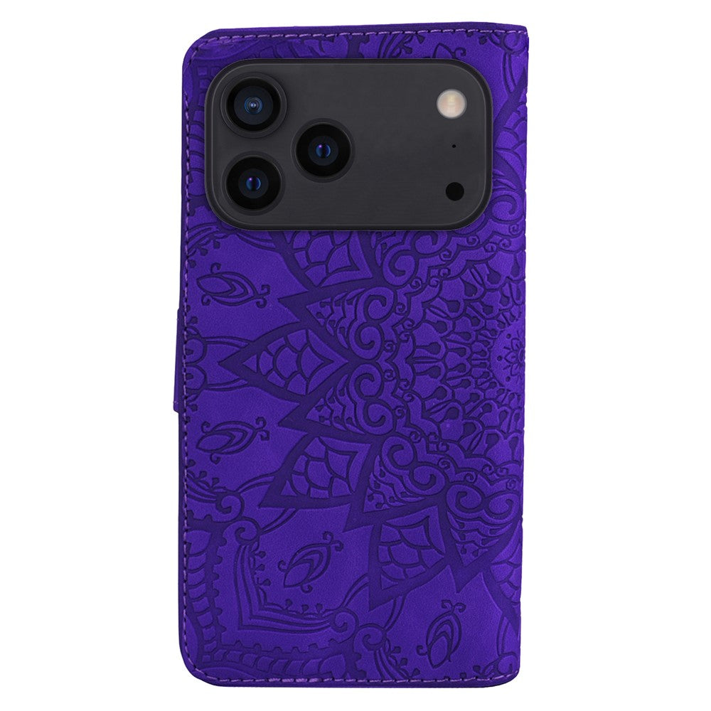For iPhone 17 Pro Max Case Flower Imprinted PU Leather Wallet Flip Phone Cover with Wrist Strap - Purple