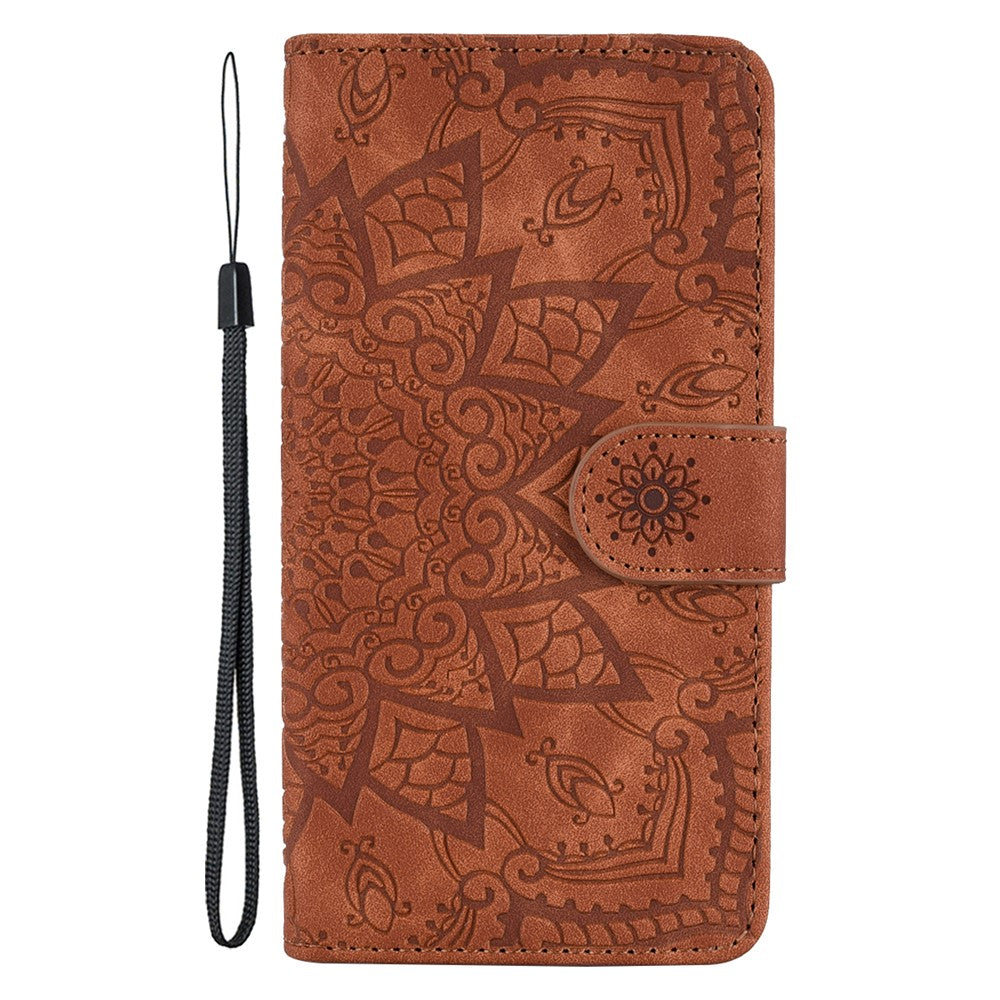 For iPhone 17 Pro Max Case Flower Imprinted PU Leather Wallet Flip Phone Cover with Wrist Strap - Brown