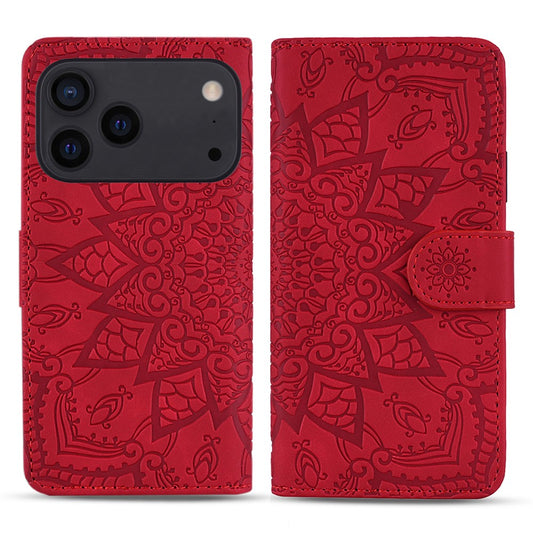 For iPhone 17 Pro Max Case Flower Imprinted PU Leather Wallet Flip Phone Cover with Wrist Strap - Red