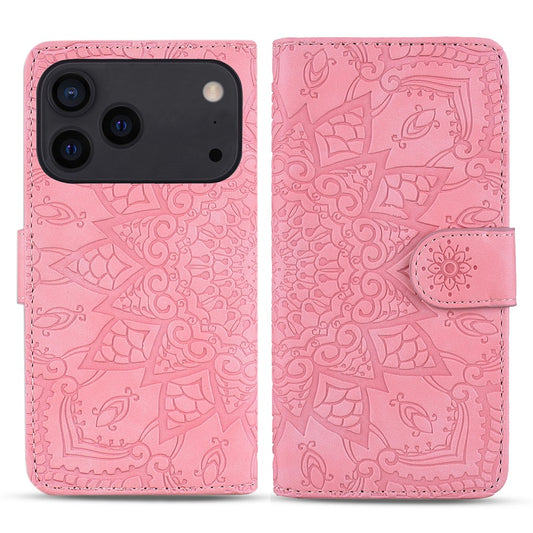 For iPhone 17 Pro Max Case Flower Imprinted PU Leather Wallet Flip Phone Cover with Wrist Strap - Pink